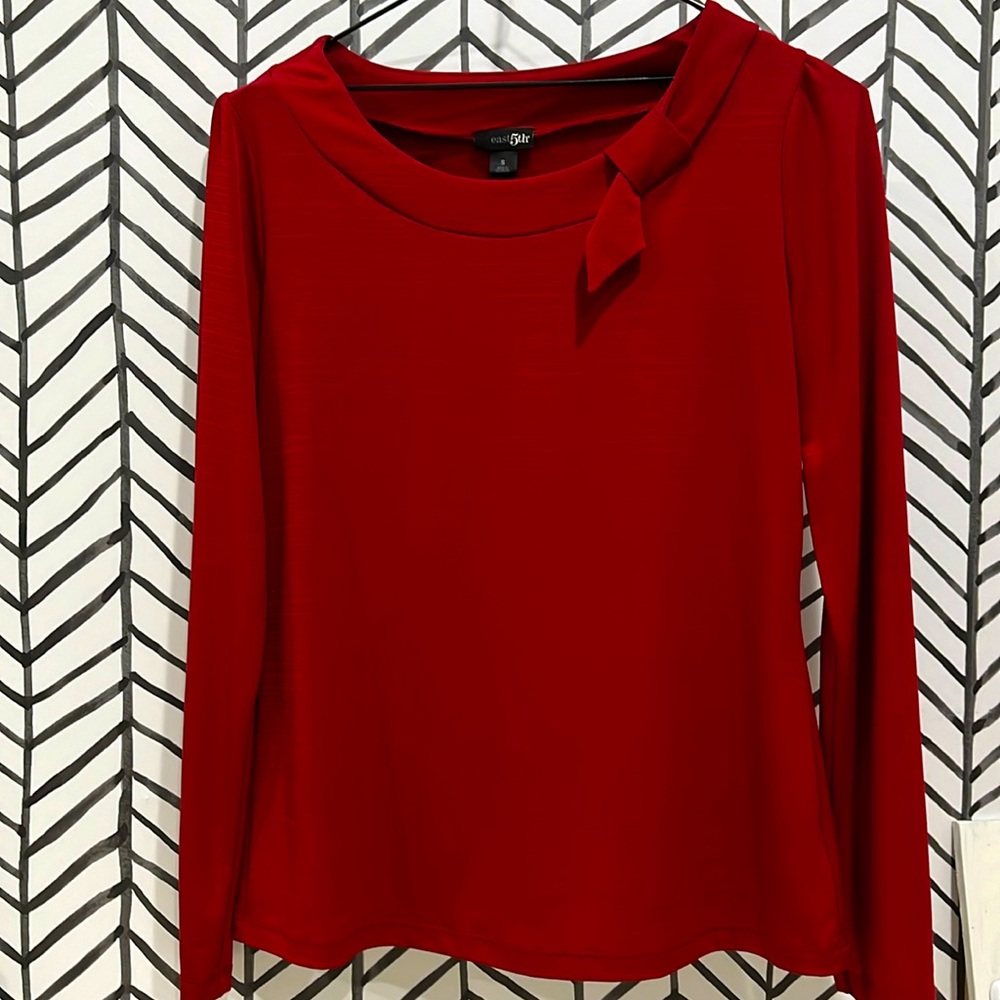East 5th Ruby Red Long Sleeve With Scoop Neck Bow Embellishment Blouse, Sz.S - Picture 2 of 15